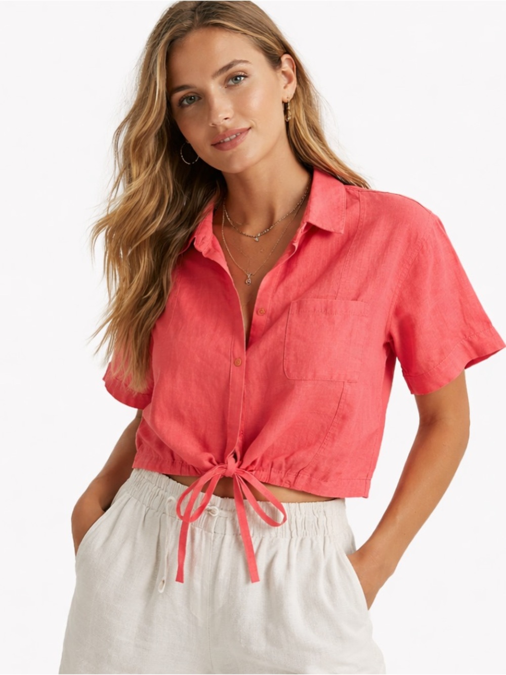 ATHLETA 100% Linen Playa Wrap Waist Tie Crop Top Coral Pocket Shirt Sz Medium